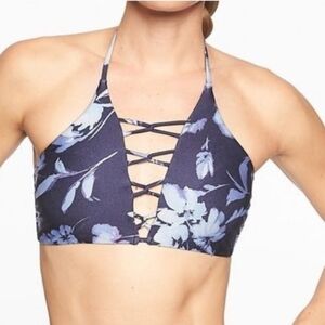 Athleta Navy Blue Floral Shimmer Print Aqualuxe Halter Bikini Top Size L Sporty